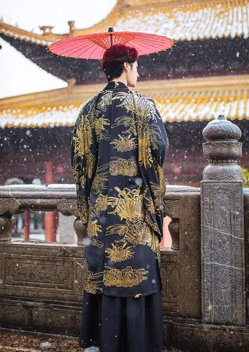 Men's Modern Daily Hanfu Black Gold Daisy  Set | HANFUBAO