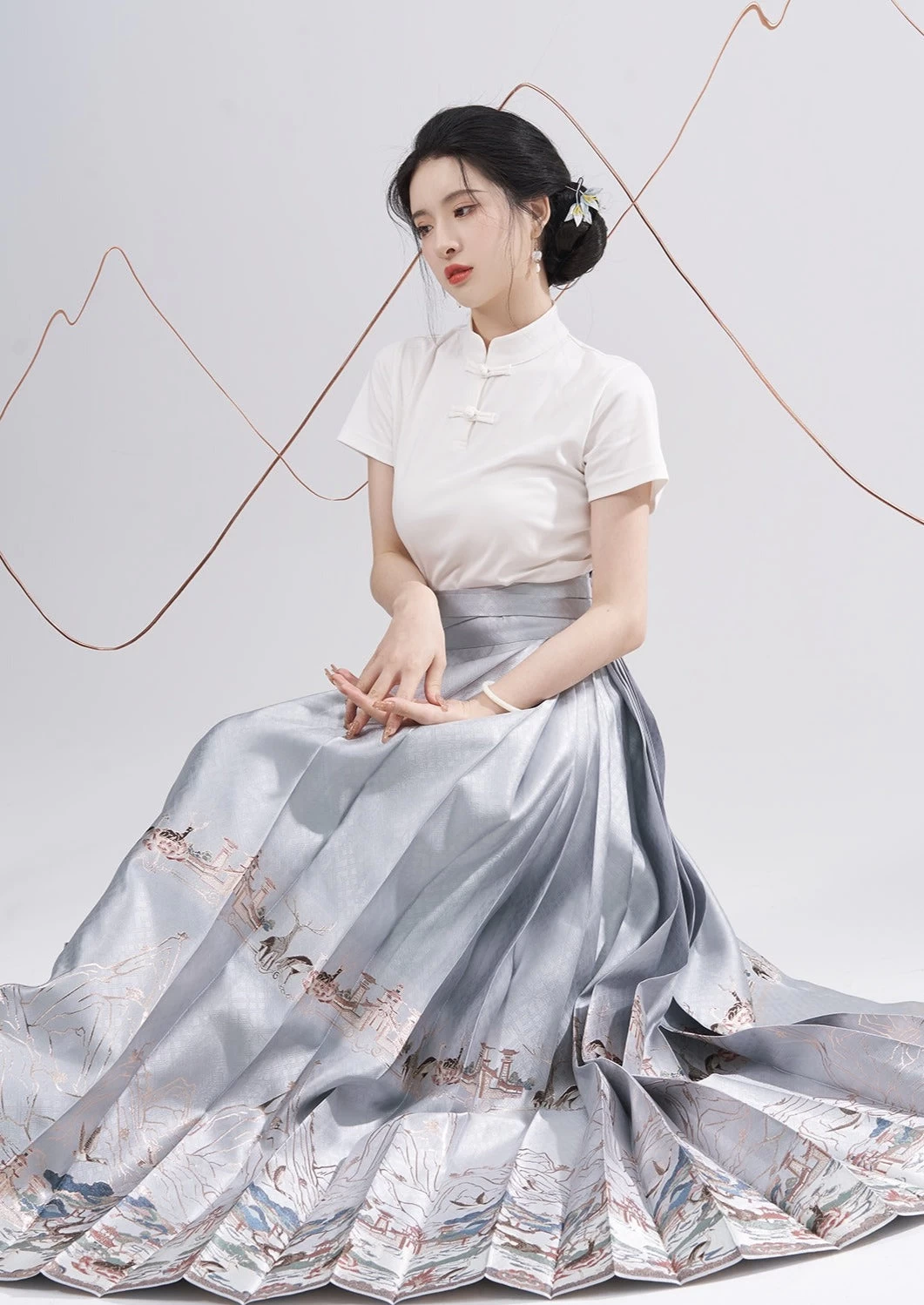 Women Modern Ma Mian Skirt Deer Lotus Embroidery Daily Hanfu| HANFUBAO