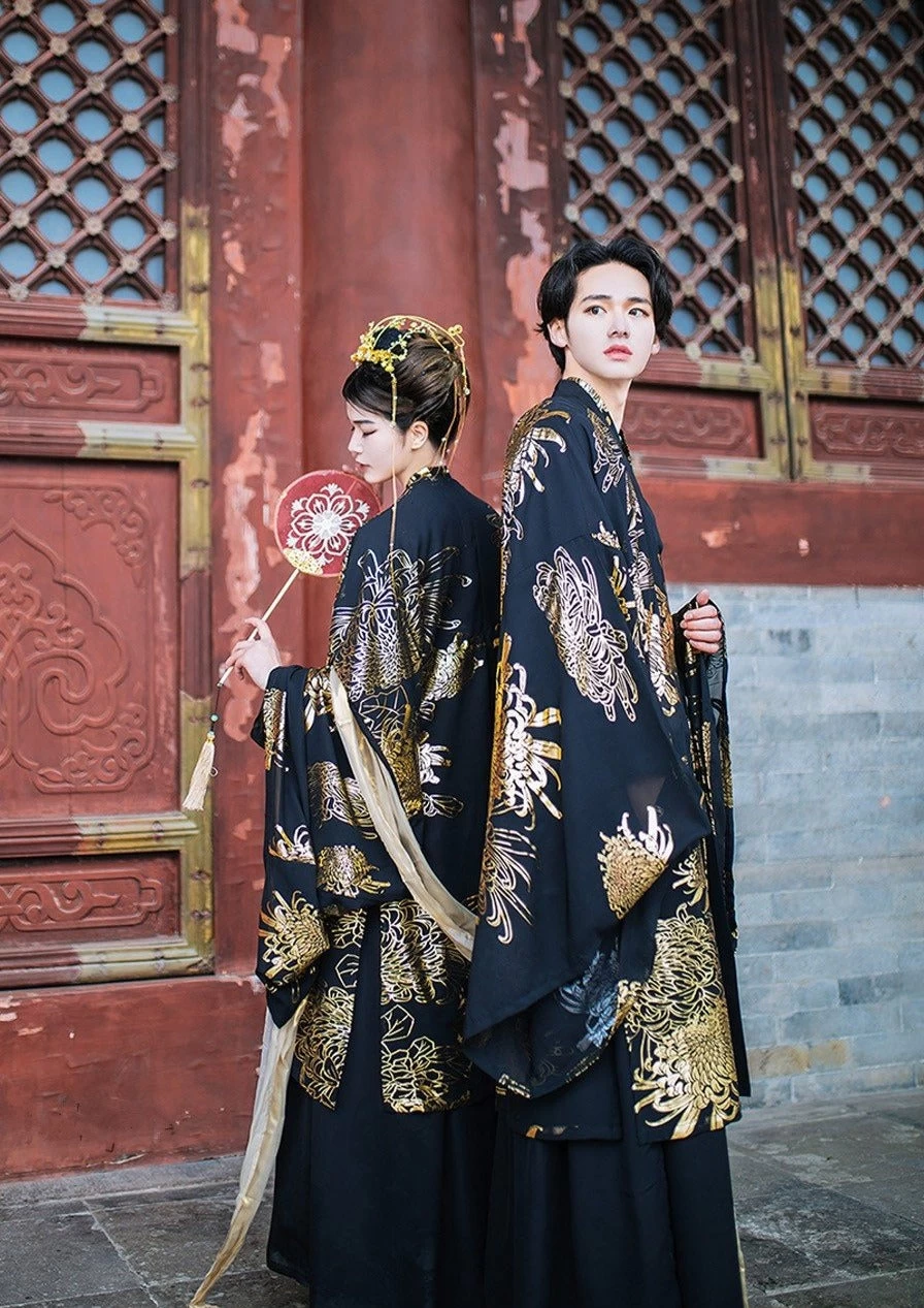 Men Modern Hanfu Couple Set Black Gold Daisy  Daily Wear | HANFUBAO