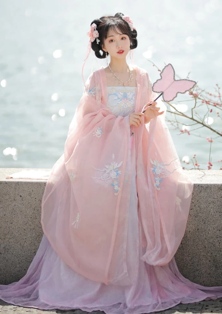 Women Modern Hanfu Chiffon Dress Set Pink Aqua 4-Piece | HANFUBAO