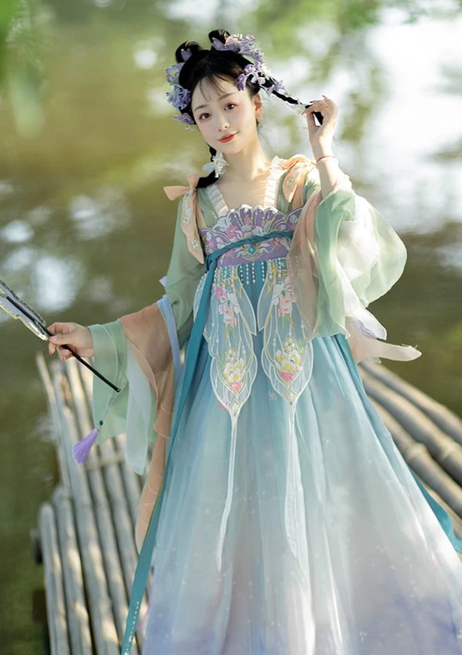 Women's Daily Hanfu 3-Piece Tang Pink Floral Embroidery Chiffon Set | HANFUBAO