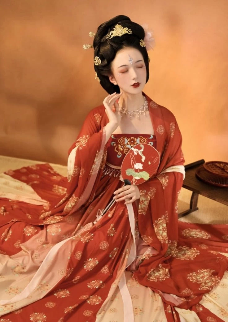Women Modern Chiffon Hanfu Set Red Vintage Flower | HANFUBAO