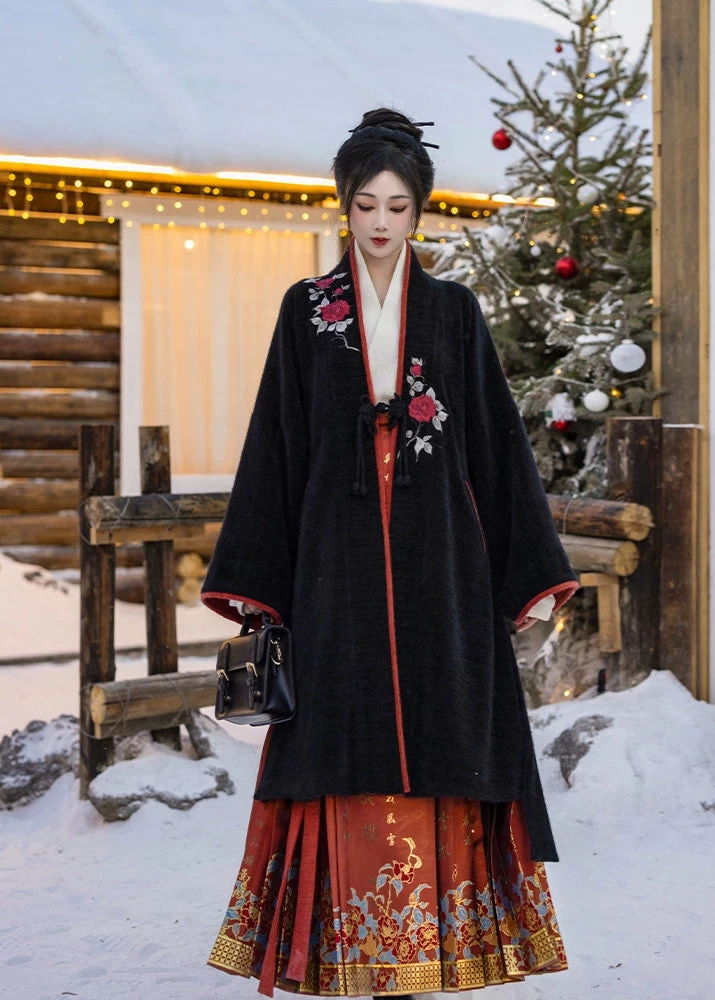 HANFUBAO | Women Chenille Modern Hanfu 3-Piece Ma Mian Set Black Red S-XL
