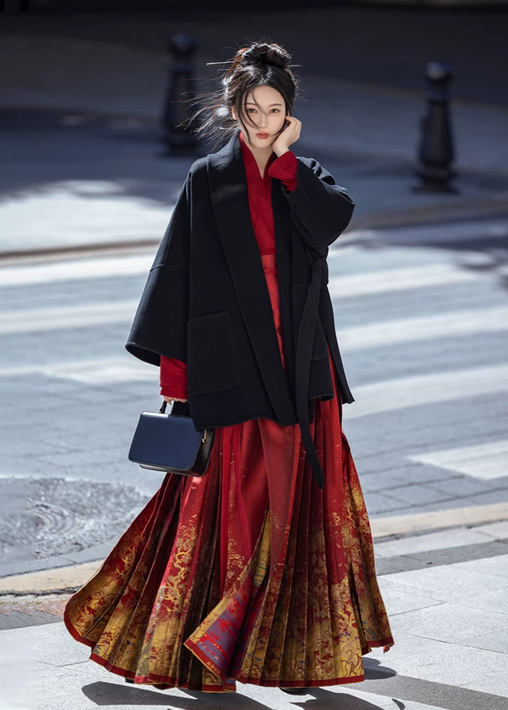 Women Modern Hanfu Wool 3-Piece Set Black/Red Ma Mian Skirt | HANFUBAO