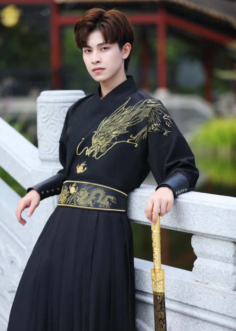 Men's 5-Piece Daily Hanfu Set Black Dragon Embroidered Plus Size| HANFUBAO