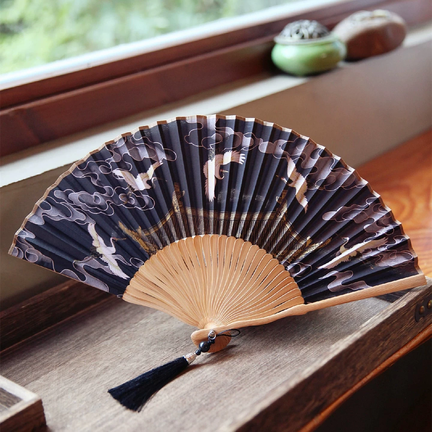 Flying Crane Folding Tassels Hand Fan,  Bamboo for Hanfu Cosplay | HANFUBAO