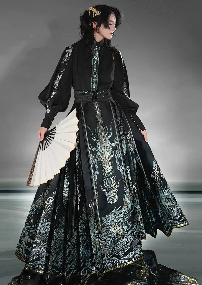 Unisex Modern Hanfu  Ma Mian Skirt, Lan Ling Print | HANFUBAO