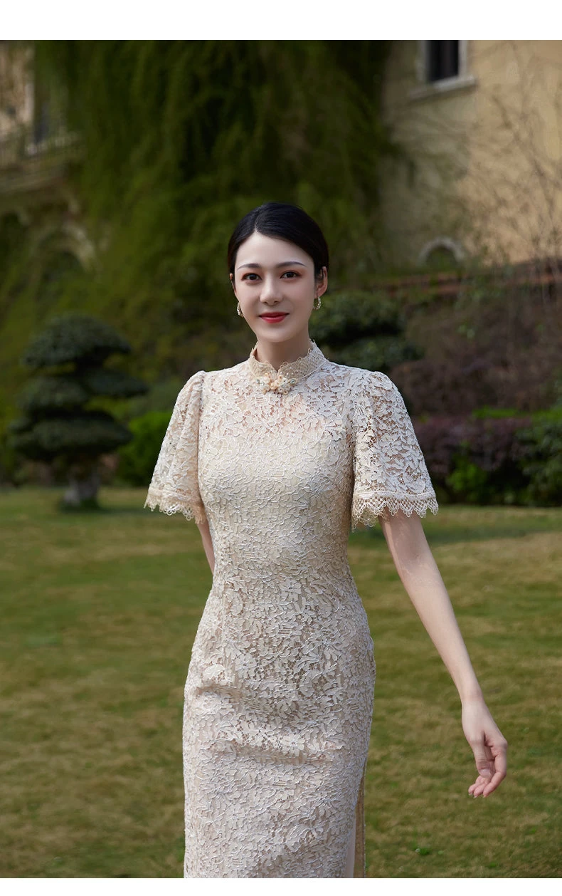 Women Lace Mandarin Collar Ivory Bridal Qipao Cheongsam Nylon Blend| HANFUBAO