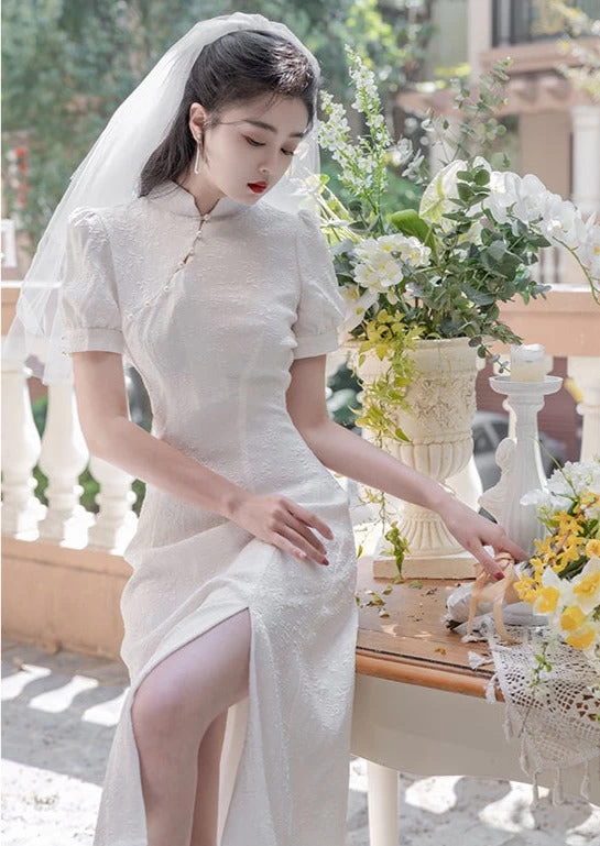 HANFUBAO | Women  Modern Hanfu Bridal Qipao Dress White Embroidery S-XL