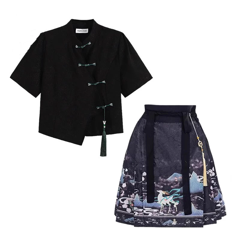 Women Modern Daily Hanfu 2-Piece Set Shirt+Skirt Mountain Deer Print|HANFUBAO