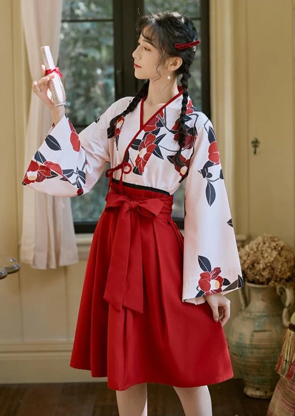 Women Modern Daily Hanfu Short Dress Camellia Red/Black  Plus Size | HANFUBAO