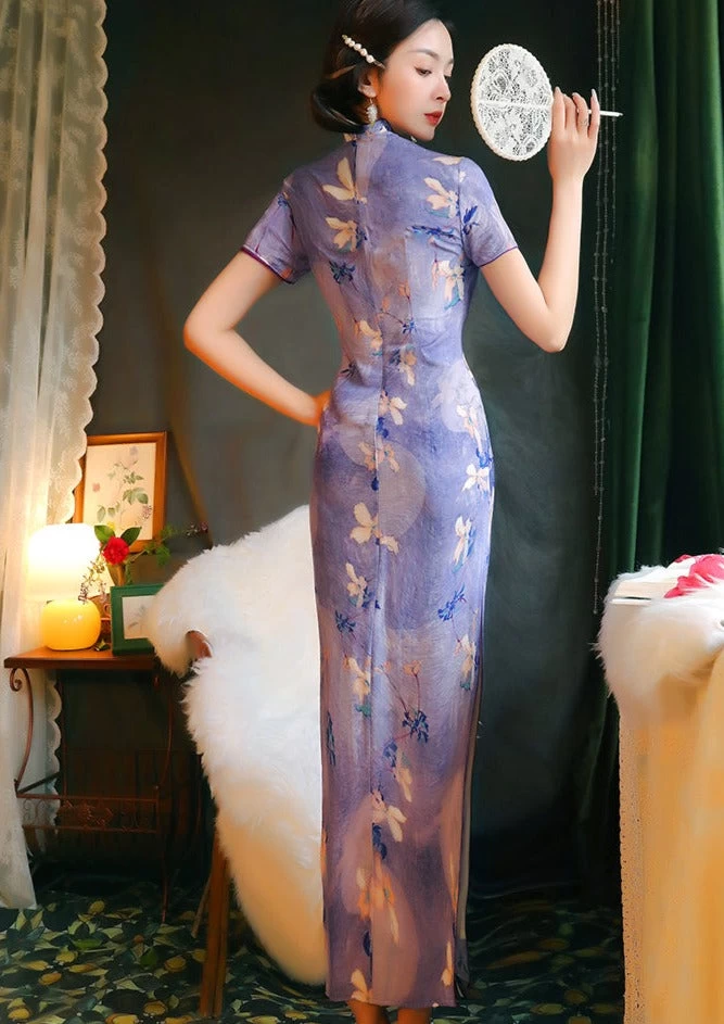 Women Modern Hanfu Linen Qipao Purple Magnolia Print | HANFUBAO