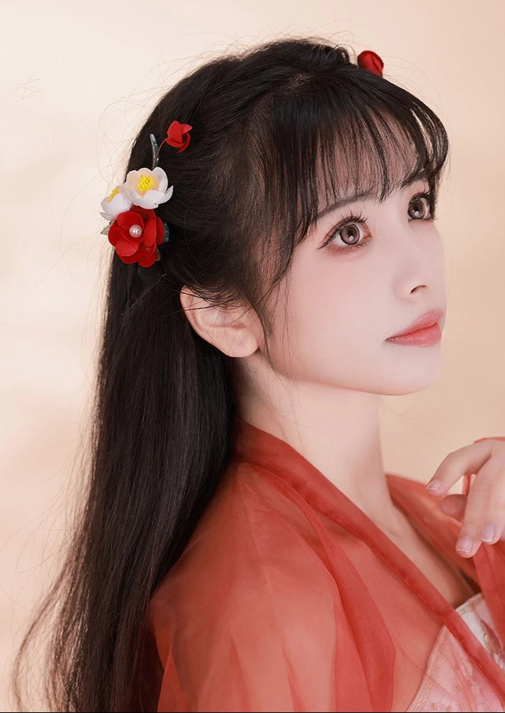 Women Camellia Floral Yarn & Faux Pearl Hair Clips Set for Hanfu Weddings| HANFUBAO