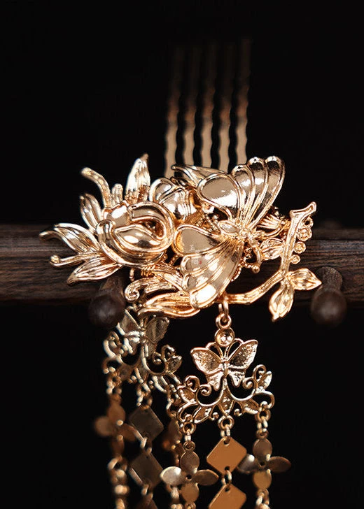 Women Flame Bird Tassel Hairpin Pair Gold Metal Hanfu Wedding Party | HANFUBAO