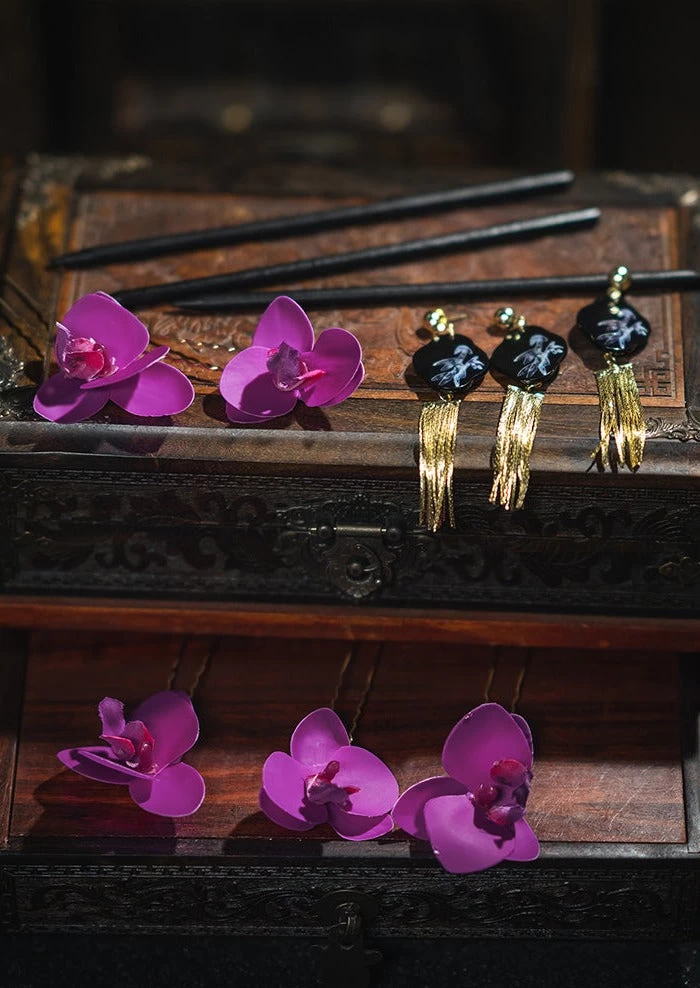 Women Bridal Hair Pieces Orchid Butterfly | HANFUBAO Alloy Gemstone Hanfu Wedding Accessory