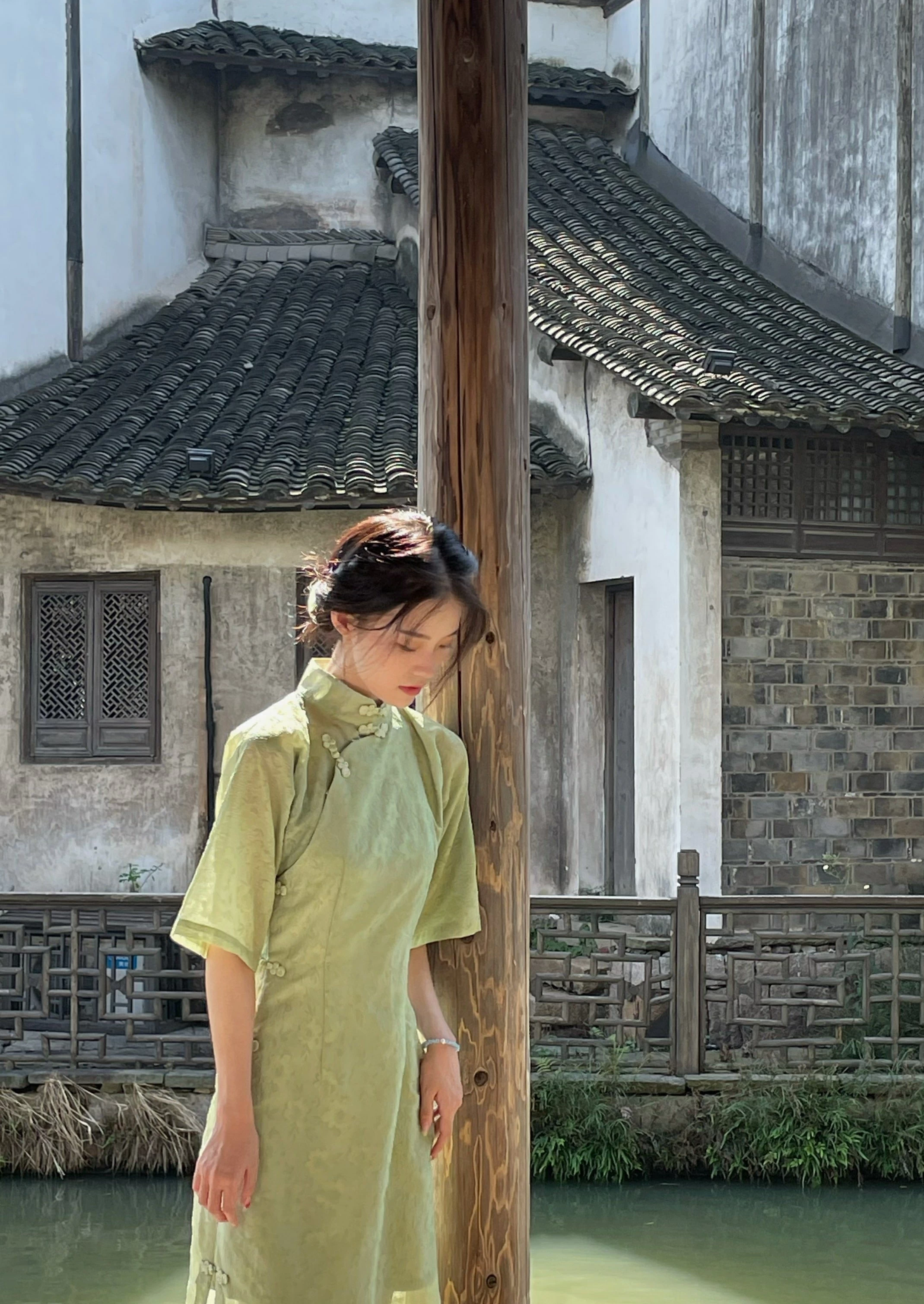 Women's Vintage Green Mandarin Collar Qipao Dress, Polyester-Rayon | HANFUBAO