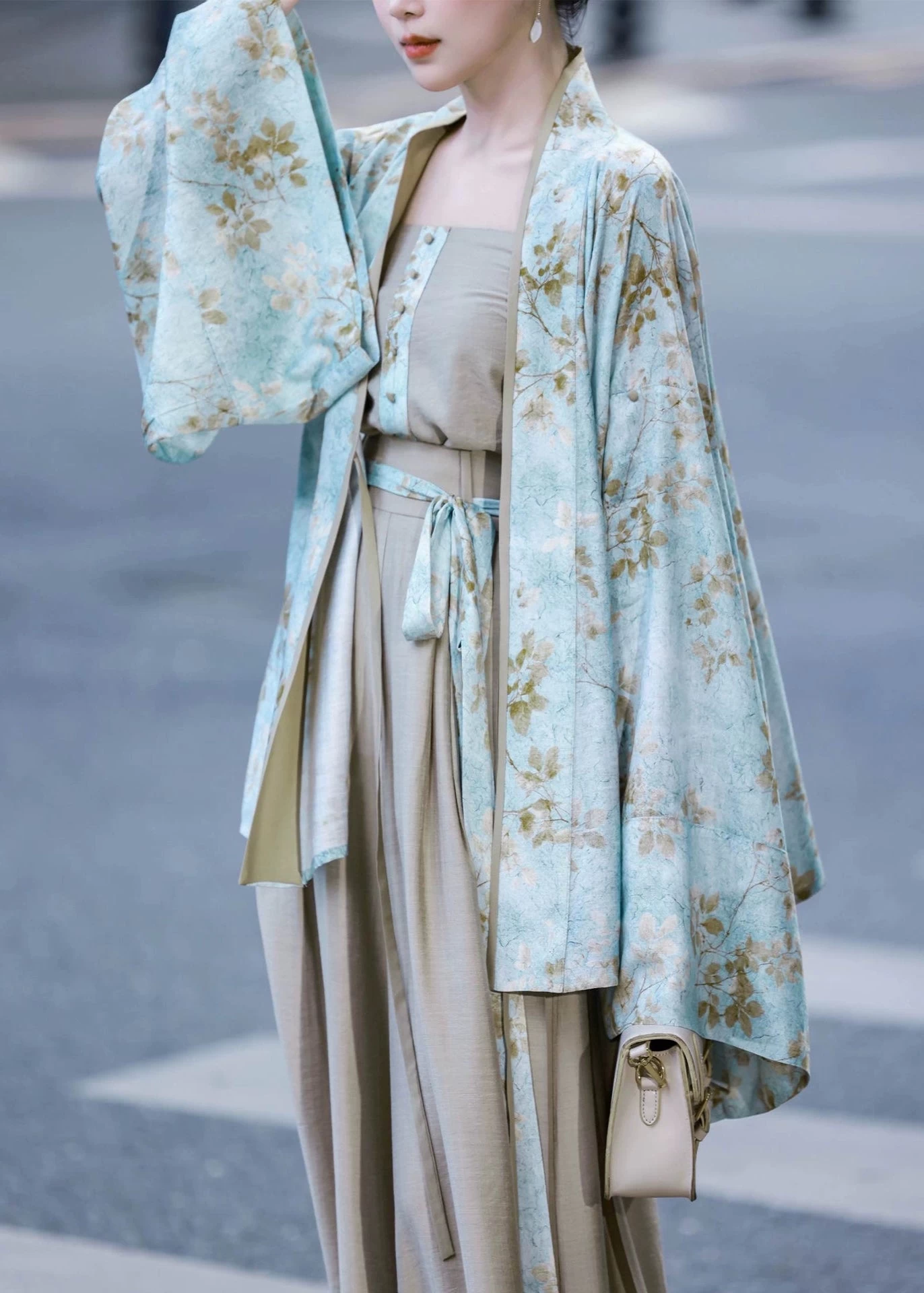 Women’s Daily Hanfu 3-Piece Pants Set Floral Cyan Linen-Rayon Blend | HANFUBAO