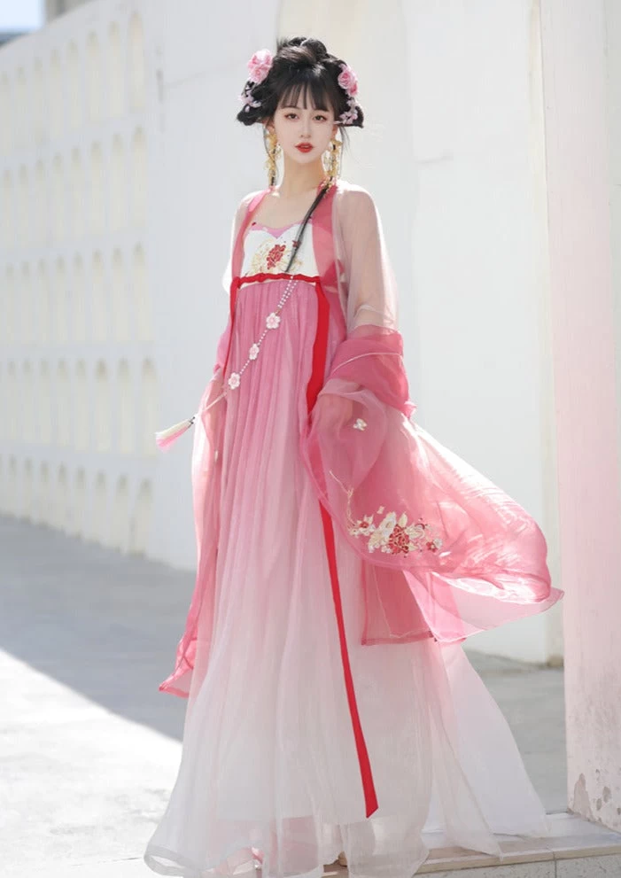 Women Modern Hanfu 3-Piece Set Pink Floral Embroidery | HANFUBAO