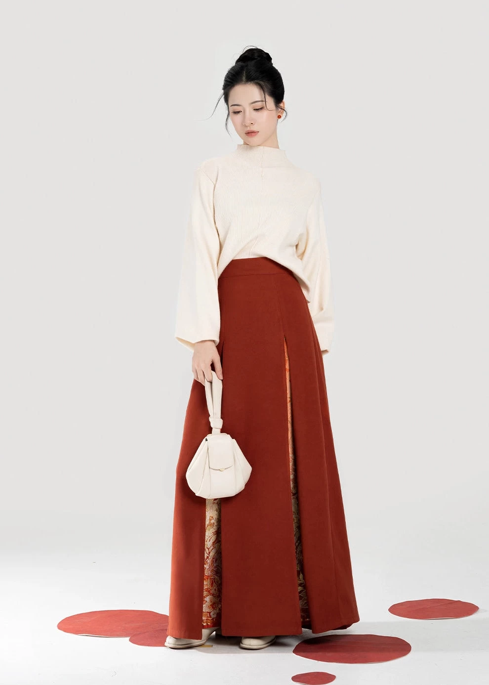Women’s Modern 2-Piece Daily Hanfu Sweater & San Jian Skirt Set Maple Orange | HANFUBAO