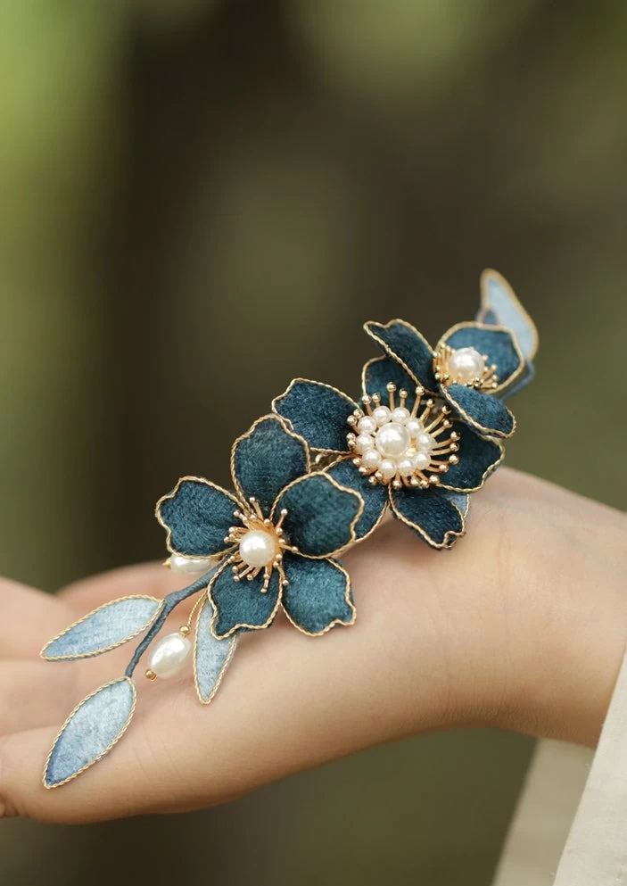 Women Floral Blue Lotus Fabric Hairpin with Faux Pearl 12cm| HANFUBAO