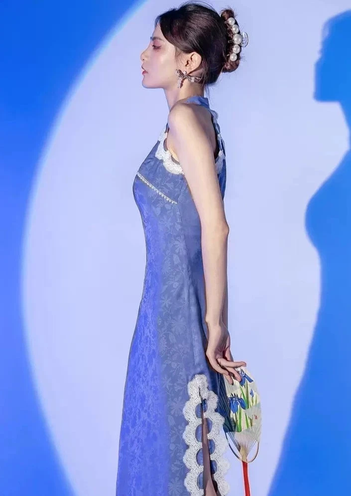 Women Blue Tears Qipao Dress  Daily Hanfu Elegant Party| HANFUBAO