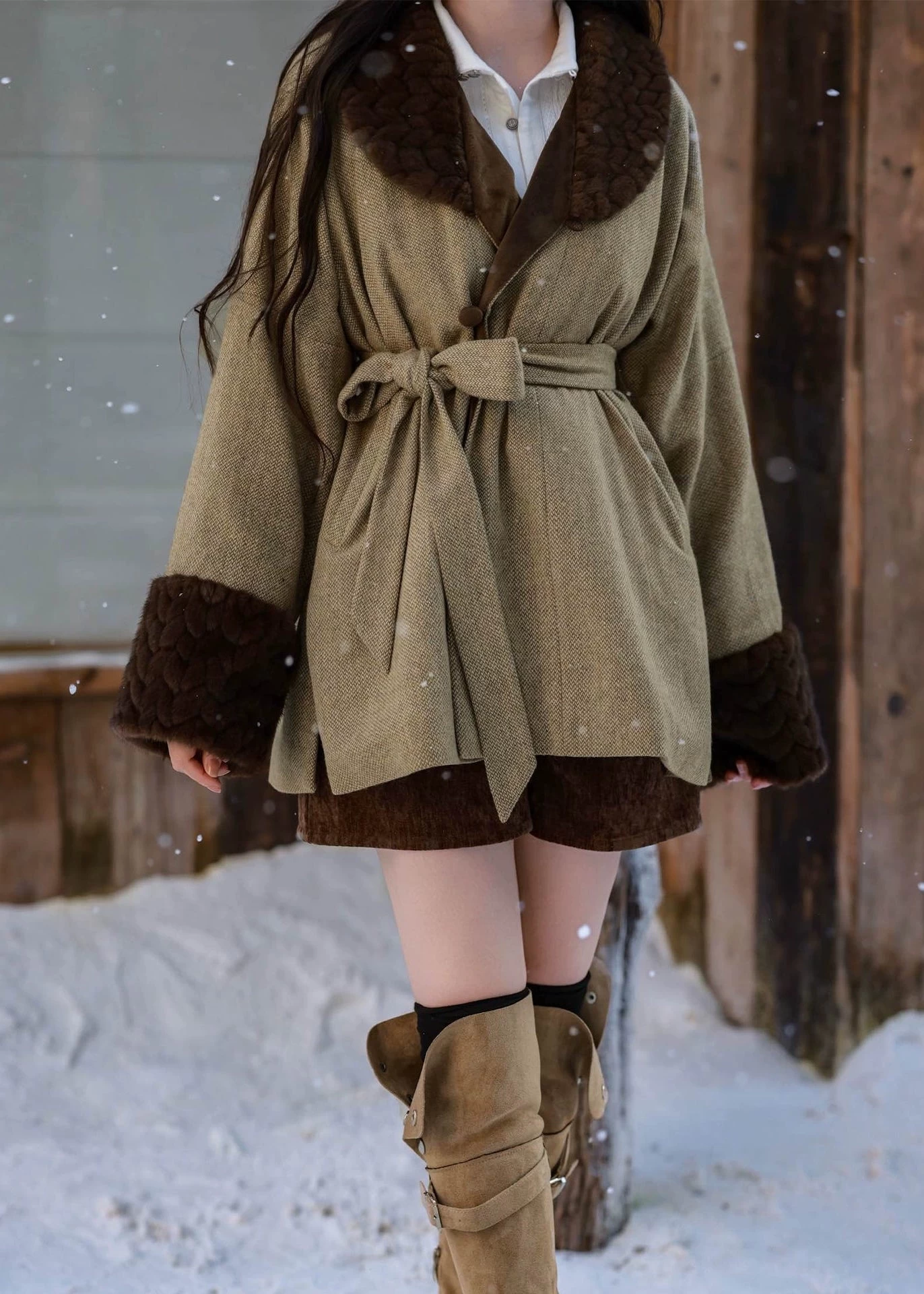 HANFUBAO | Women Wool-Blend Modern Hanfu 3-Piece Winter Set Khaki S-XL