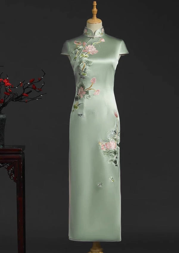 Women Silk Green Lotus Custom Made Qipao Cheongsam for Formal Events | HANFUBAO