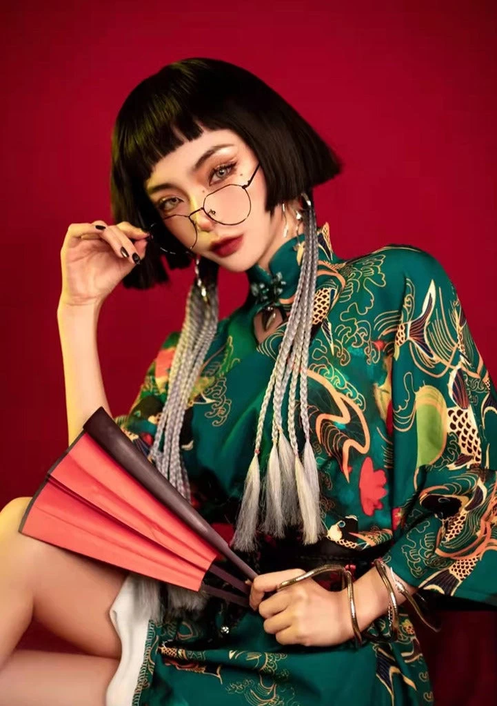 Women's Mini Qipao Dress Green Koi Print,  Party Night Out| HANFUBAO