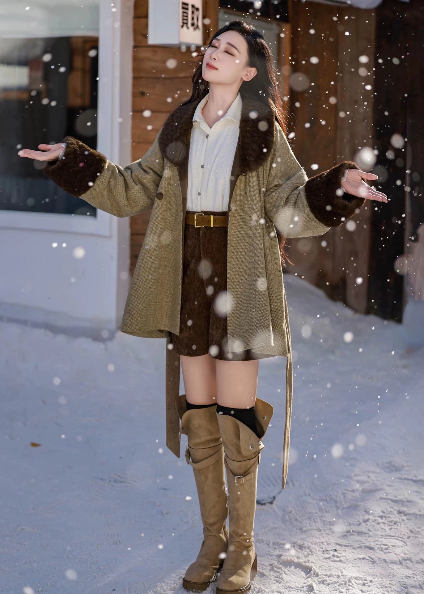 HANFUBAO | Women Wool-Blend Modern Hanfu 3-Piece Winter Set Khaki S-XL