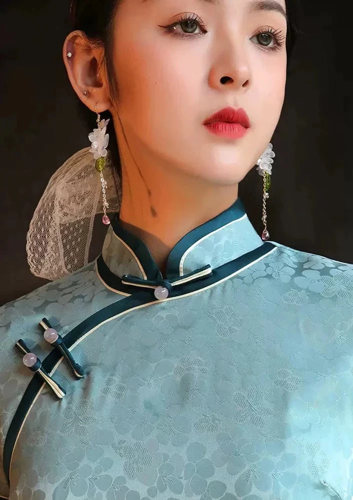 Women’s Satin Qipao Dress Blue Floral High Slit Evening Party | HANFUBAO