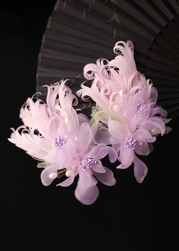 Women Shrink Plastic Hair Clips, Purple Floral Feather Pair | HANFUBAO