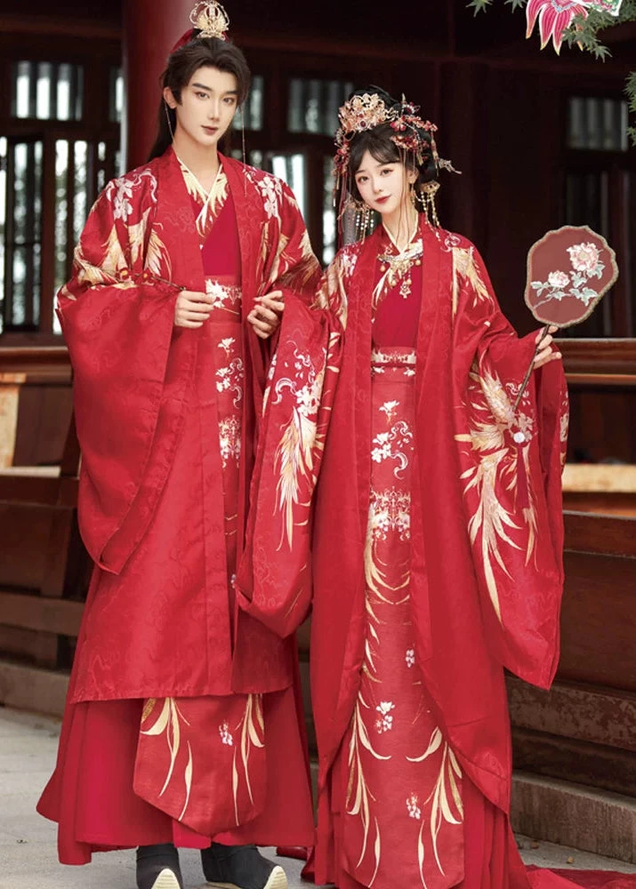 Women 3-Piece Wedding Hanfu Crane Feather Embroidered Red Plus Size| HANFUBAO
