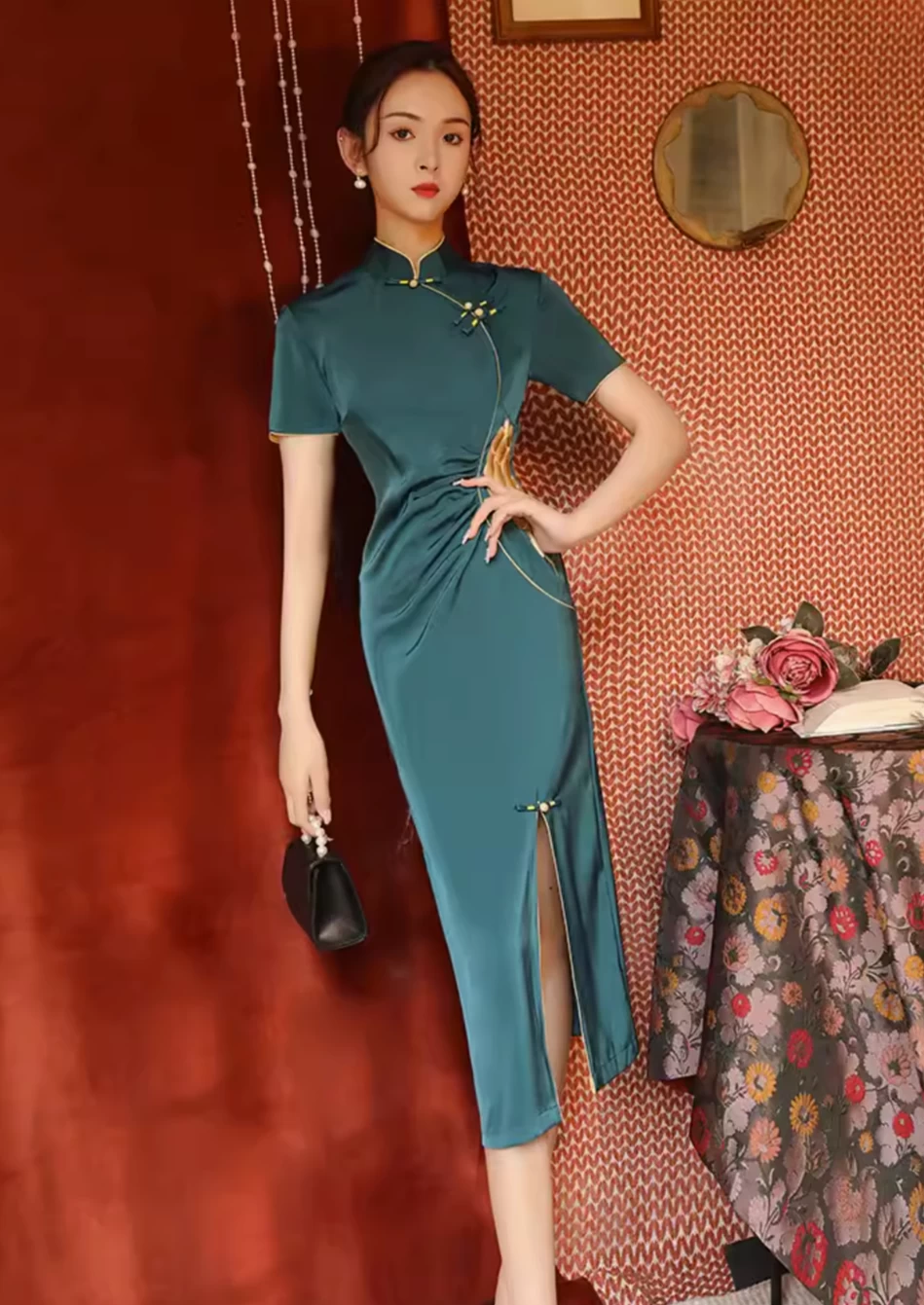 Women Acetate Satin Modern Hanfu Qipao Dress High Slit Red/3 Colors| HANFUBAO