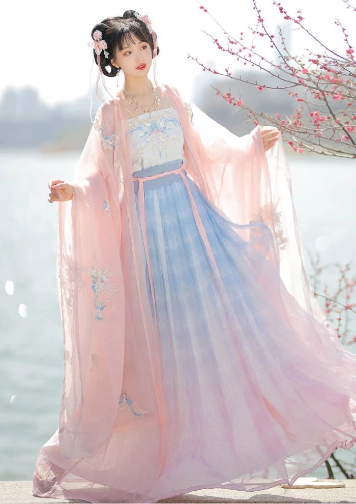 Women’s 4-Piece Daily Hanfu Dress Set Aqua Blue Plus Size | HANFUBAO