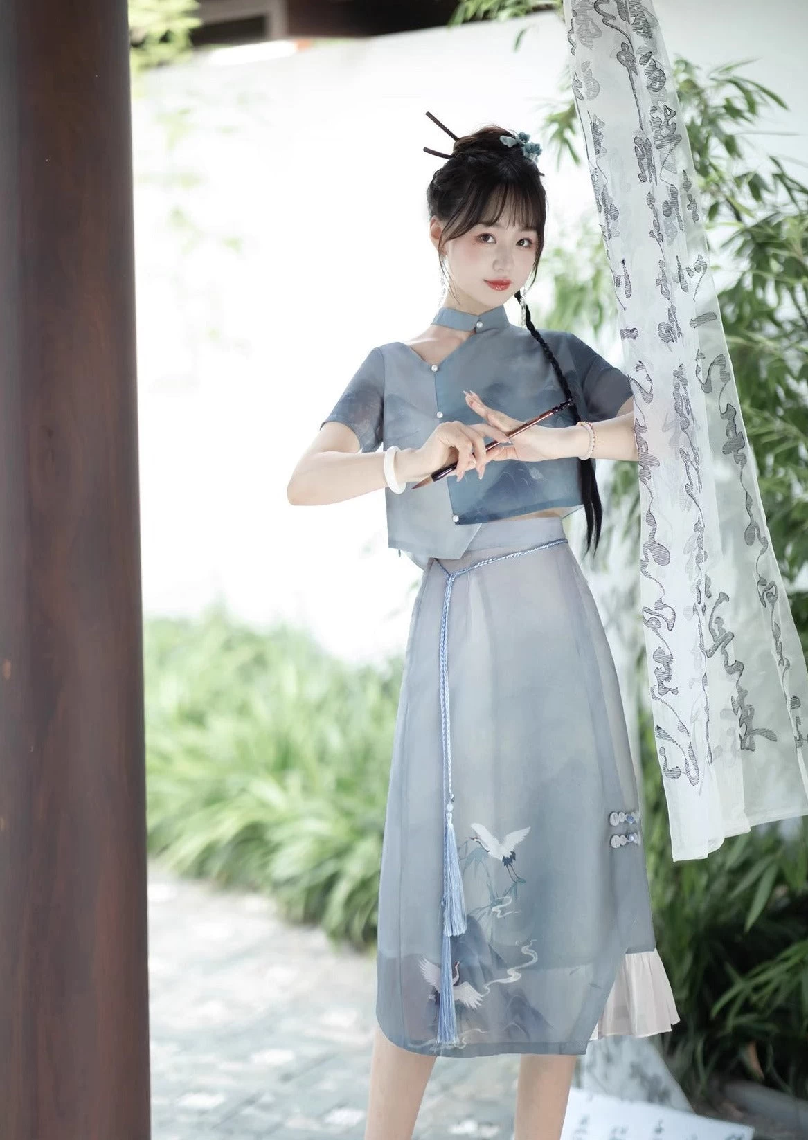 Women Crane Embroidered Modern Chinese Hanfu Dress Set Polyester| HANFUBAO