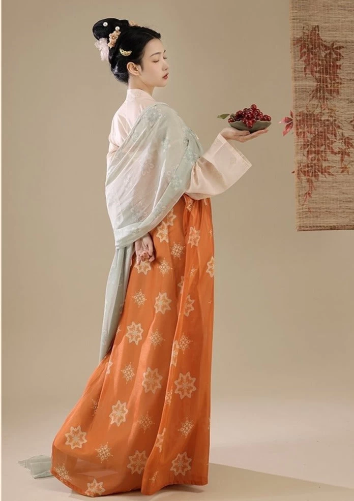 Women's Vintage Floral Embroidery Orange Chiffon Hanfu Dress Set| HANFUBAO