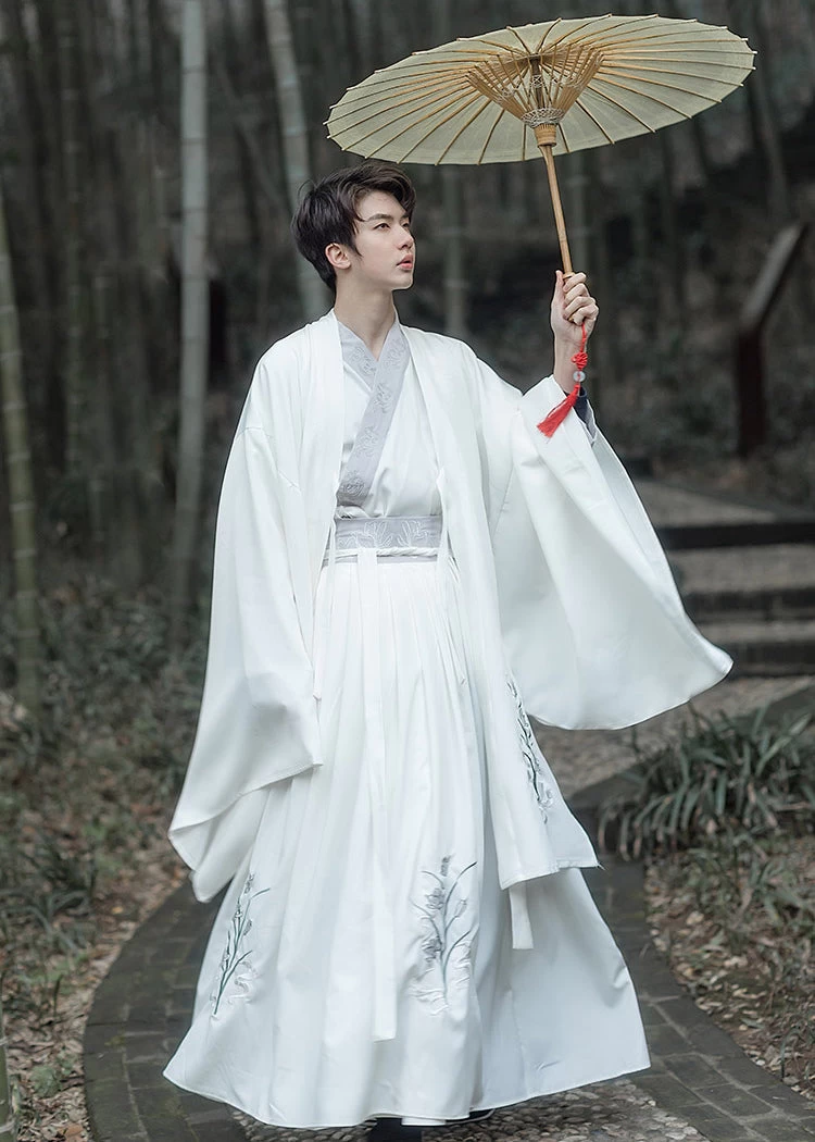 Men's Daily Hanfu Set White Orchid Embroidery Yarn  Plus Size | HANFUBAO