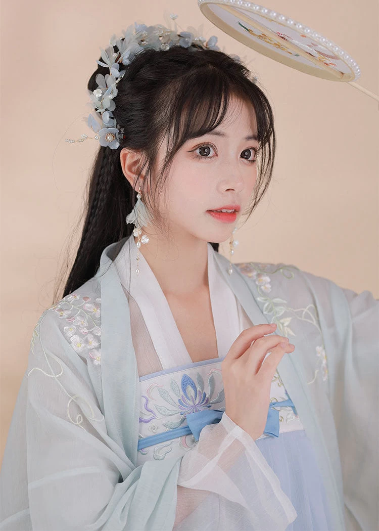Women Hanfu Yarn Flower Hair Pieces & Earrings Set Snow White Orchid | HANFUBAO