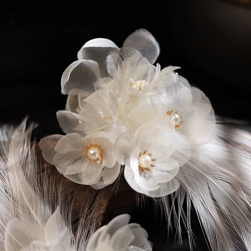 HANFUBAO | Women Shrink Plastic Hanfu Hair Clips Pair White Crane Floral Feather