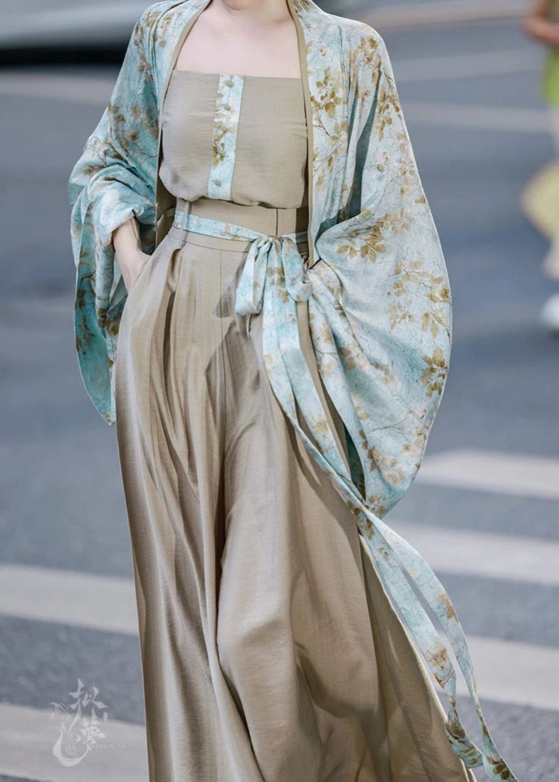 Women’s Daily Hanfu 3-Piece Pants Set Floral Cyan Linen-Rayon Blend | HANFUBAO