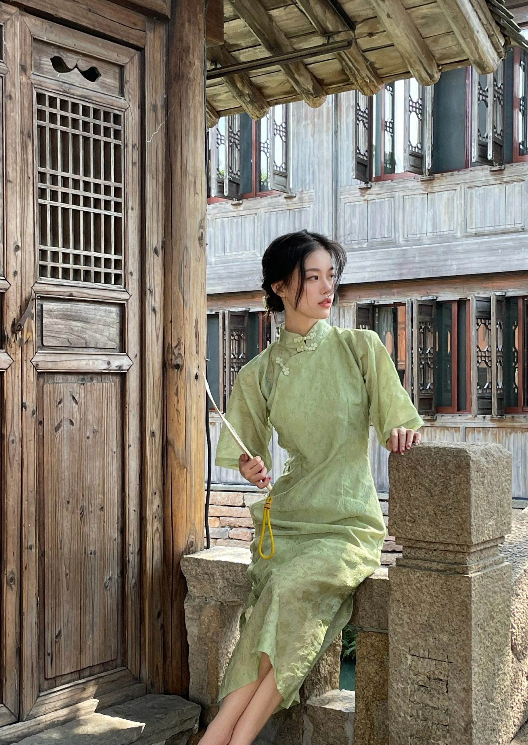 Women's Vintage Green Mandarin Collar Qipao Dress, Polyester-Rayon | HANFUBAO