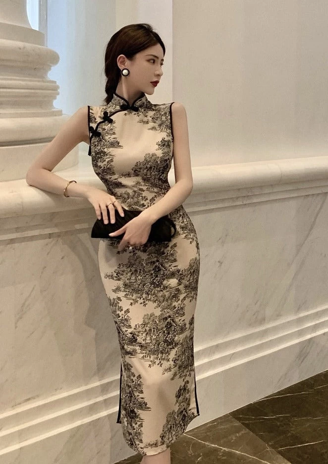 Women's Vintage Ink Wash Printed Beige Qipao Cheongsam Dress| HANFUBAO