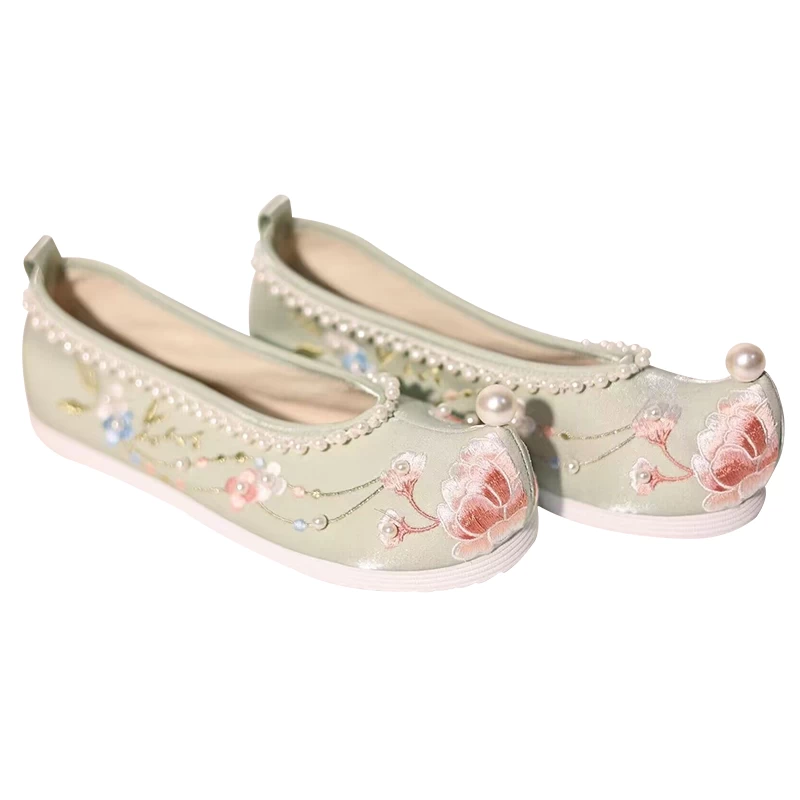 Women’s Hanfu-Style Embroidered Canvas Flats, Floral Pattern | HANFUBAO