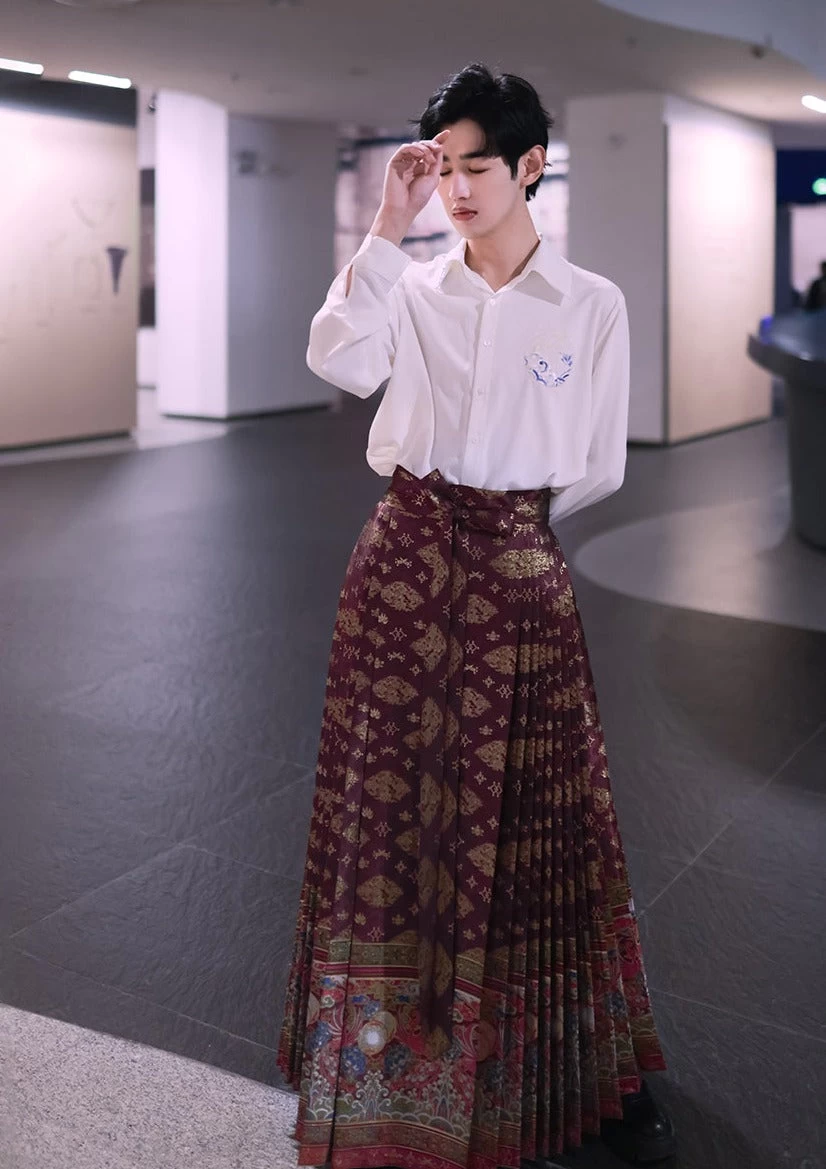 Unisex Daily Hanfu Wide Skirt Golden Sun Bird Print  Plus Size | HANFUBAO