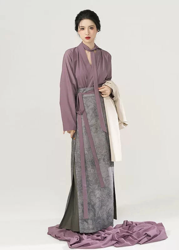 Women Modern Hanfu Cotton Blend Skirt Set Blue Floral Plus Size | HANFUBAO