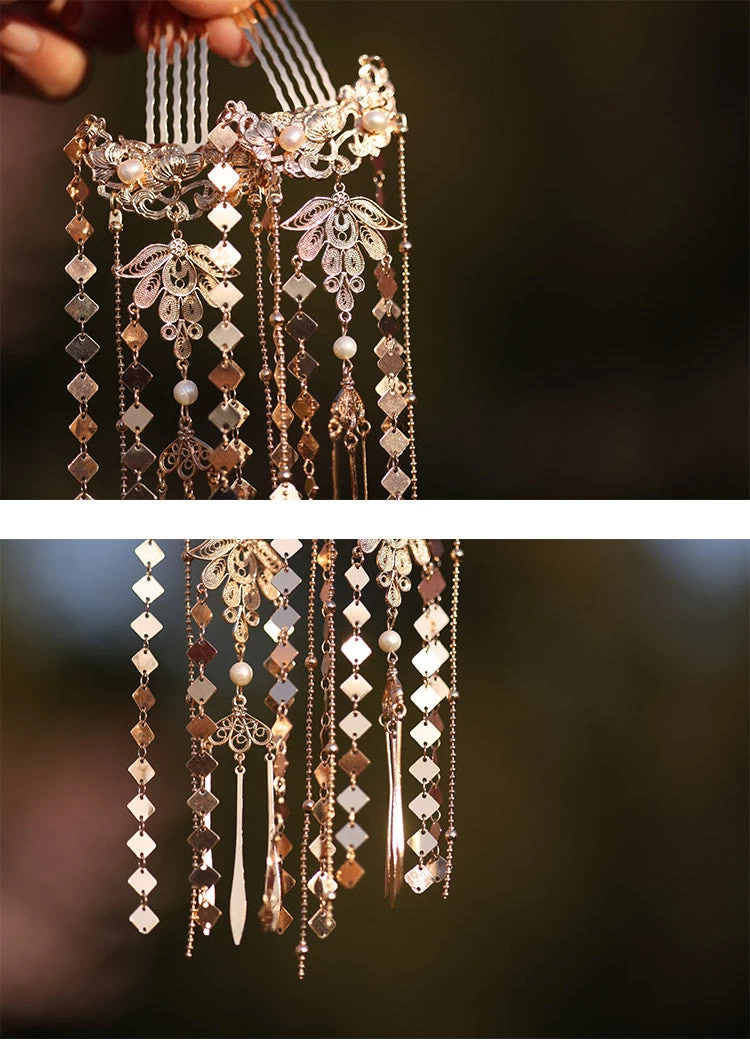 Women Blossom Shadow Tassel Hairpins Gold Metal Pair for Hanfu Styling | HANFUBAO