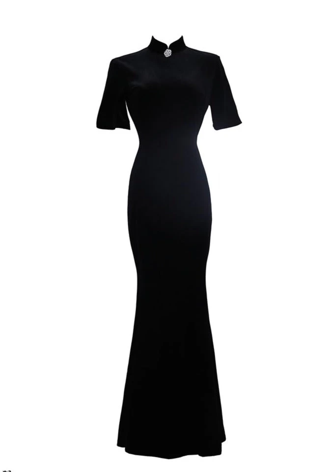 Women Velvet Qipao Dress Black High Slit Evening Party| HANFUBAO