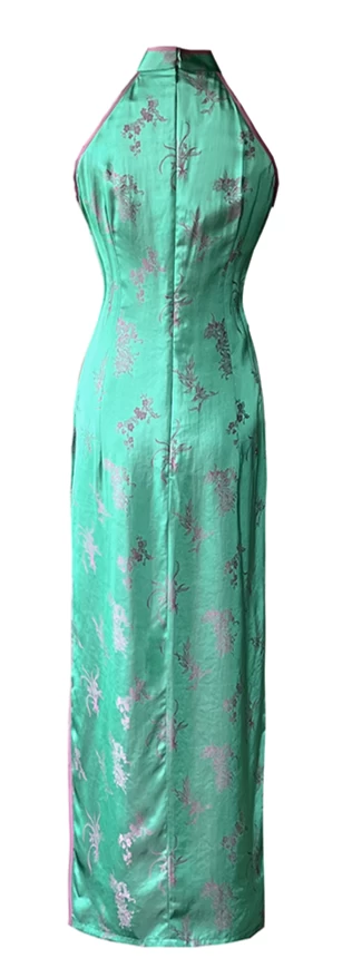 Women Satin Qipao Dress Emerald Floral High Slit| HANFUBAO