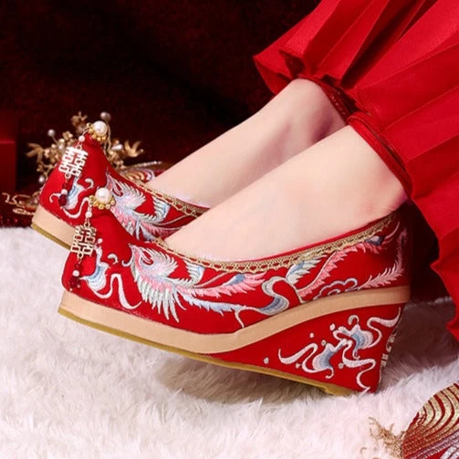 Bridal Embroidered Wedding Shoes Red Floral Butterfly Linen Pearls | HANFUBAO