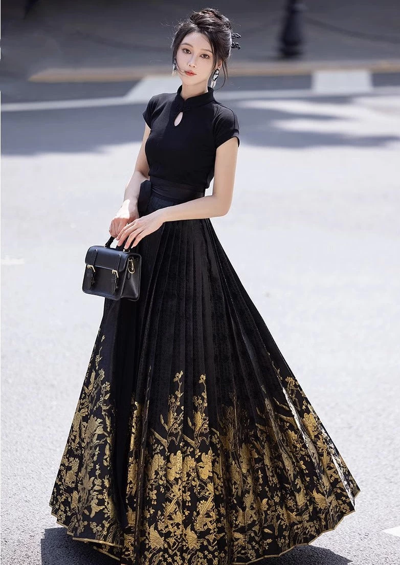 Women's Modern 2-Piece Ma Mian Hanfu Skirt Set, Cotton Blend Top | HANFUBAO